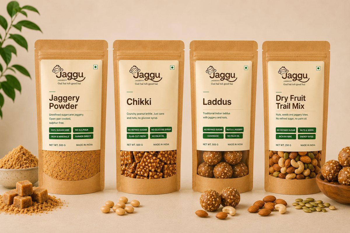 The Family Pack: 500g packs of Jaggery Powder, Jaggery Chikki and Jaggery Laddus with 250g Dry Fruit Trail Mix