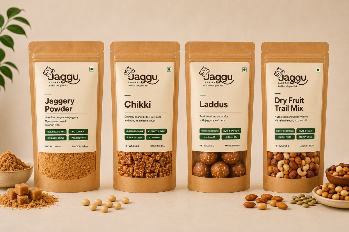 The Hero Box: four 250g packs — Jaggery Powder, Jaggery Chikki, Jaggery Laddus and Dry Fruit Trail Mix