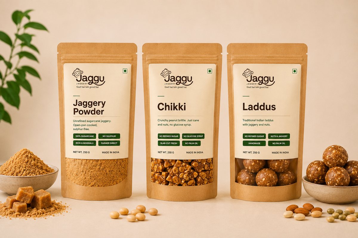 The Mid Combo: three 250g packs — Jaggery Powder, Jaggery Chikki and Jaggery Laddus