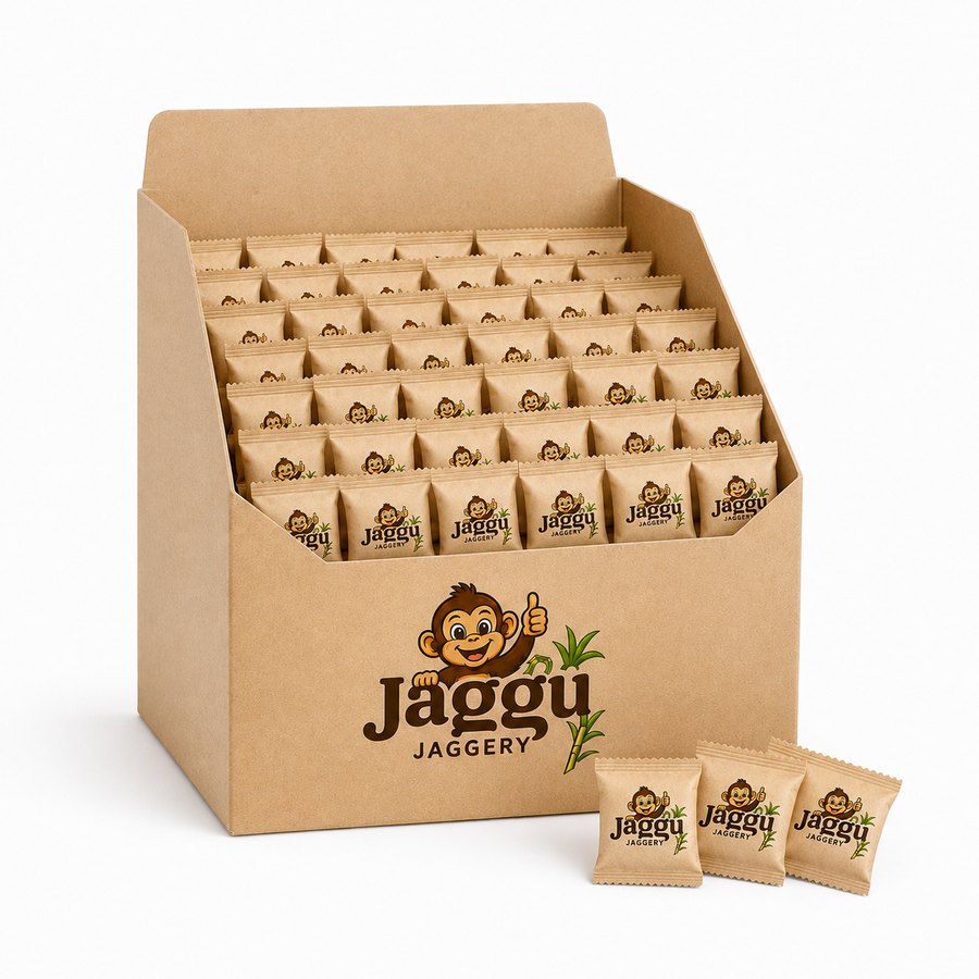 A retail display box of Jaggu single-serve jaggery sachets