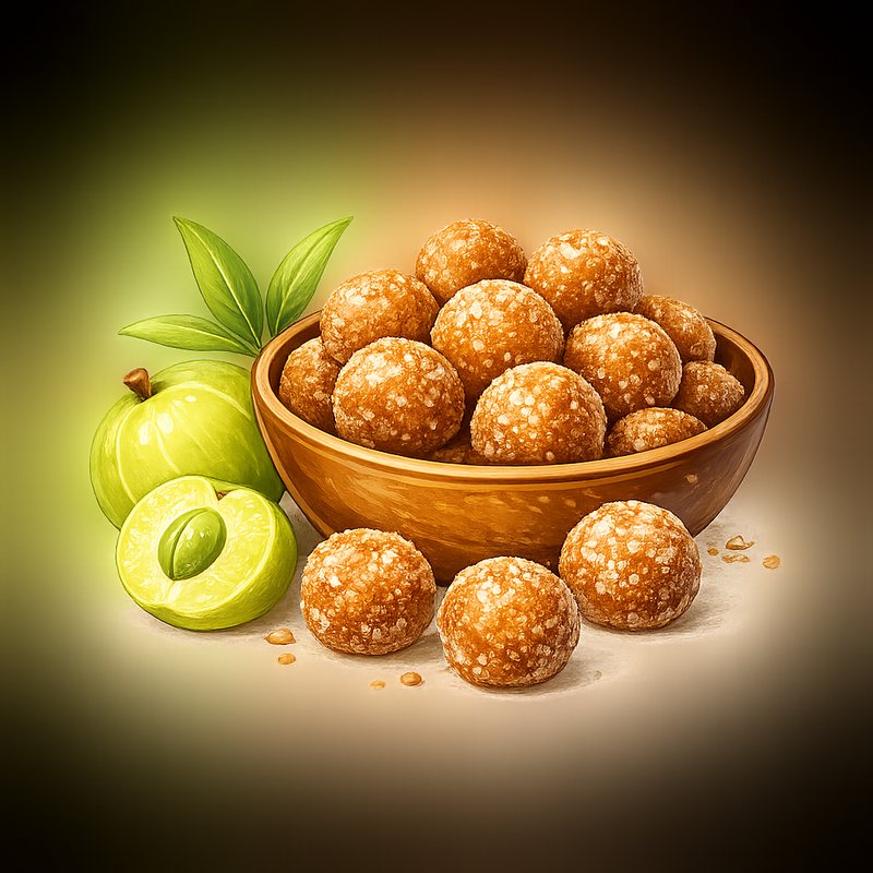Jaggu amla jaggery candy in a wooden bowl, with fresh amla alongside