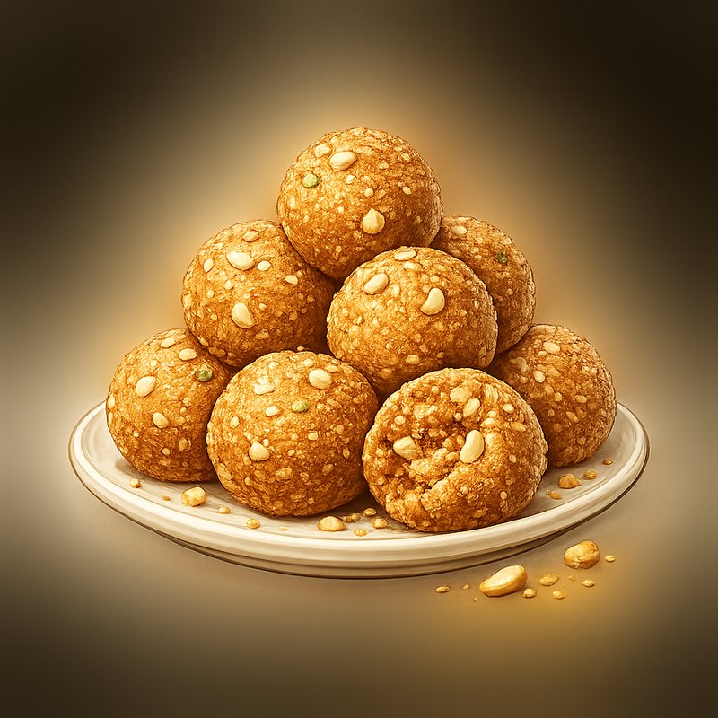 A plate of Jaggu jaggery laddus, one broken open to show the nuts inside