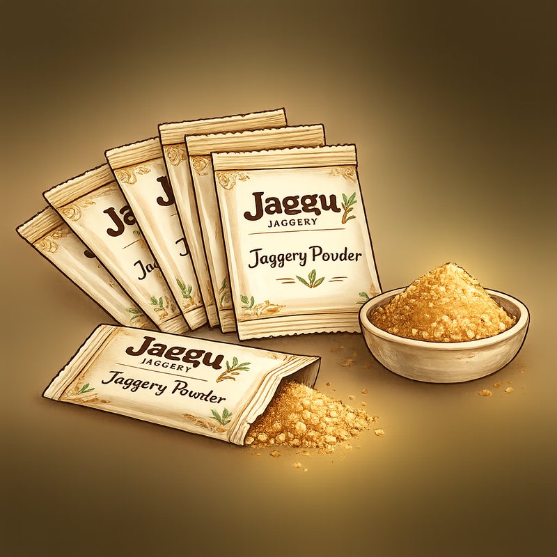 Jaggu single-serve jaggery powder sachets, one opened beside a bowl of powder