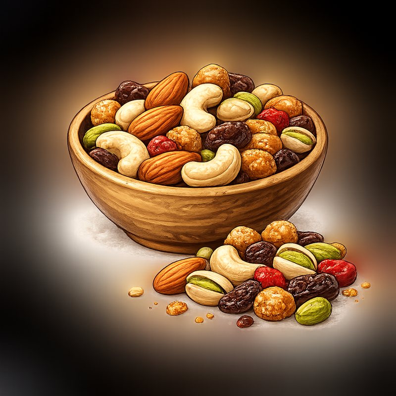 A bowl of Jaggu jaggery dry fruit trail mix — almonds, cashews, pistachios and raisins